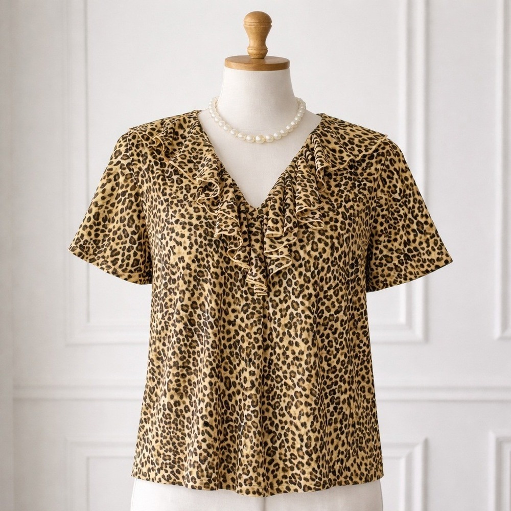 Lauren Ralph Lauren Leopard Print Ruffle V-Neck Mesh‎ Blouse Plus Size 2X Brown
